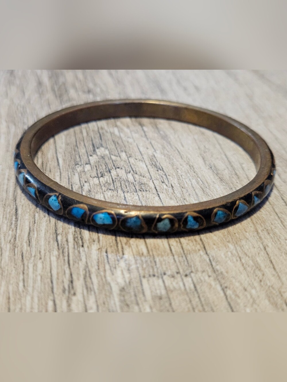 Vintage Brass Bangle Bracelet Featuring Inlaid Mosaic Turquoise Stones